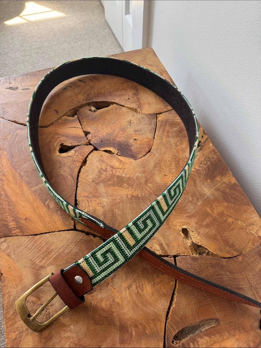 Men's Woven Green Patterned Leather-Trim Belt